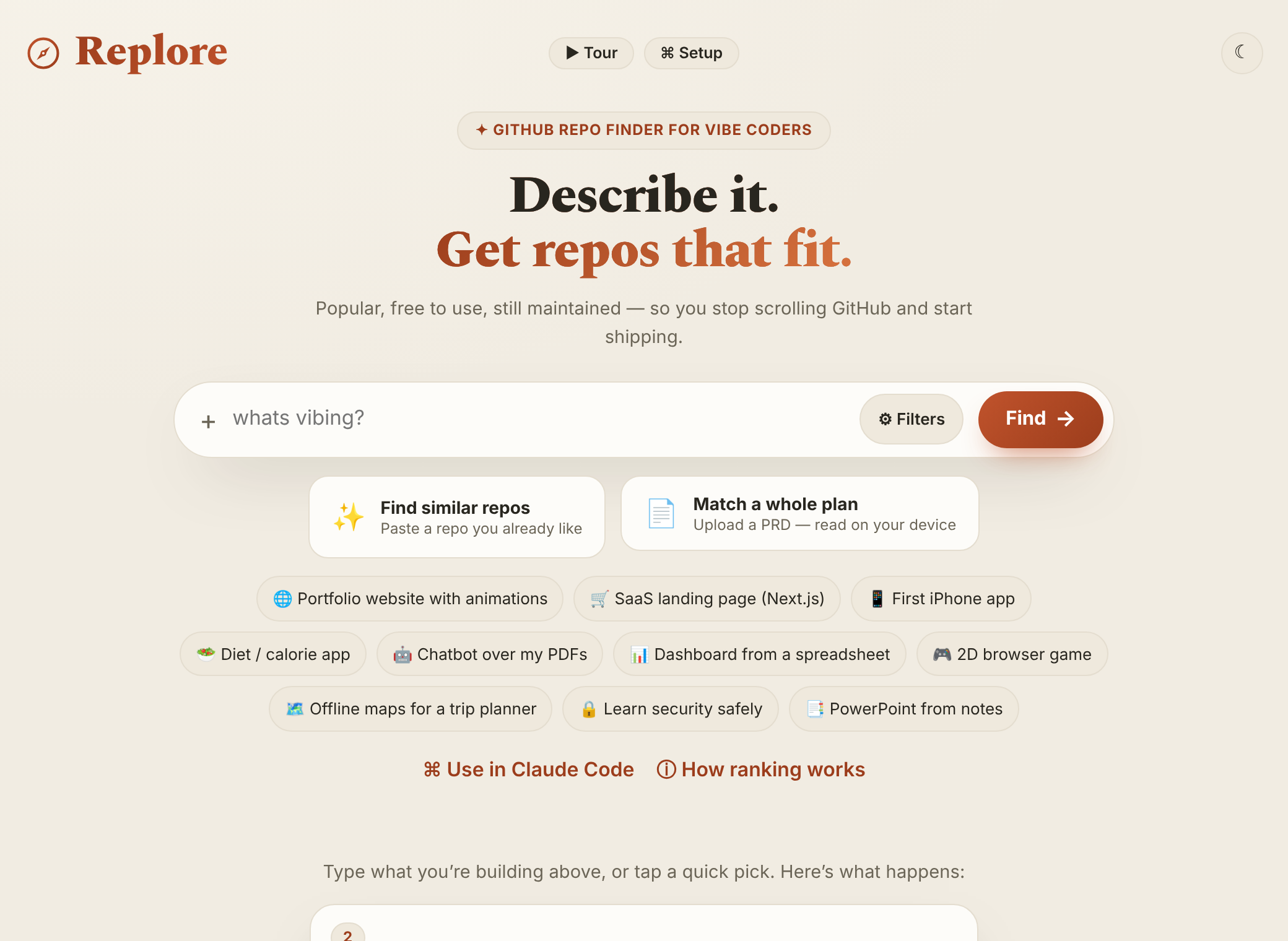 The Replore page: describe your project, then get the open-source repos that fit